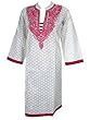 Womans White Ethnic Tunic Tops Pink Embroidered Cotton Long Kurta S