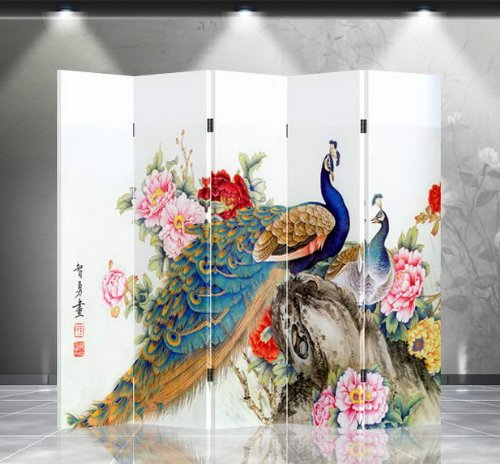 Double Sided Canvas Screen Room Divider - Double Peacocks