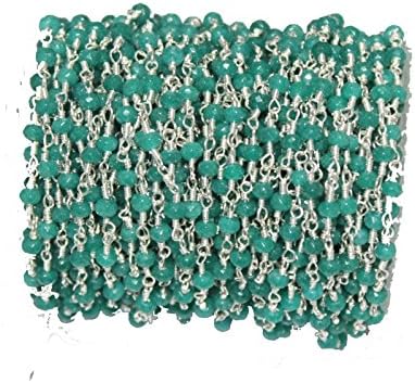 5 Feet Natural ,Green onyx rosary style beaded chain Green onyx Roundelle beads 3mm 925 Sterling Silver Plated Wire wrapped rosary link chain