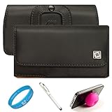 Black Noble Edition Horizontal Holster Carrying Case with Spring Belt Clip for Samsung Focus S Windows Mobile 4.3-inch Display Smartphone by AT&T + Pink Rubber Suction Stand + White Laser Stylus Pen + SumacLife TM Wisdom*Courage Wristband