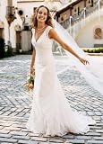 David's Bridal Wedding Dress: Allover beaded lace trumpet gown Style T9612