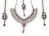 Bollywood Necklace - Pink Green Faux Golden 4 Pcs Necklace Earring Tikka Vintage Set