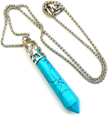 Natural Hexagonal Pile Gemstone Crystal Pendant Necklace, Stainless Steel Chain, Unisex, Power Healing Chakra (blue turquoise)