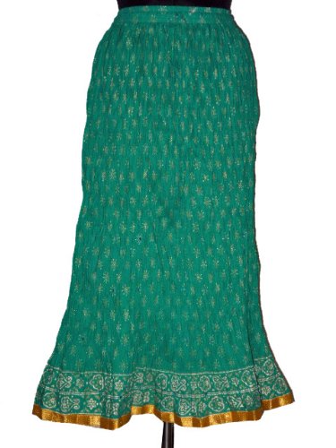 Girls Gypsy Crinkle Skirts Dark Cyan Floral Motifs With Mirror Work Long Skirts 40 inch