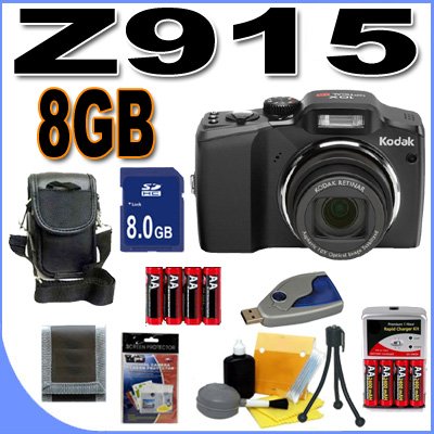 Kodak Easyshare Z915 10MP Digital Camera w/ 10x Optical IS Zoom (Black) 8GB BigVALUEInc Accessory Saver NiMH Bundle