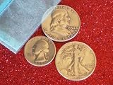 90% Silver Coin Lot Franklin & Walking Liberty Half Dollars, Washington Quarter with Good detail in Gift Pouch.