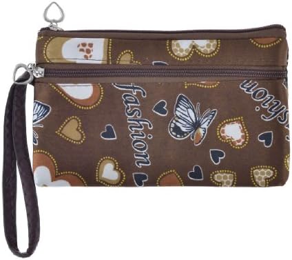Girls Heart Printed Zip Up Pockets Coin Change Purse Bag w Hand Strap