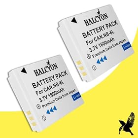 Two Halcyon 1600 mAH Lithium Ion Replacement Battery for Canon PowerShot Waterproof D20 12.1 MP Digital Camera and Canon NB-6L