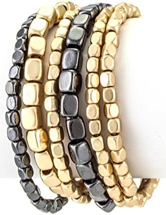 Bling Bar Seven Layer Beaded Metal Stretch Bracelet (MATTE GOLD-HEMATITE)