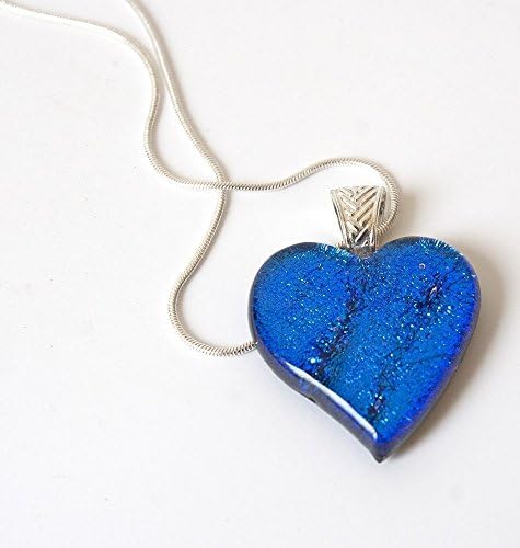 Blue Heart Pendant Dichroic Fused Glass Silver-Plated Bail and Chain