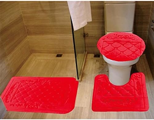 3 Piece Burgundy Memory Foam Flannel Embroidery Design Banded Bath Rug Mat Set 1 Contour Mat 1 Lid Toilet Cover 1 Bath Mat (Burgundy)