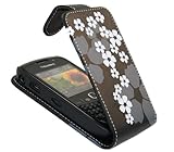 iTALKonline BLACK WHITE FLOWER FlipMatic Easy Clip On Vertical Flip Pouch C ....