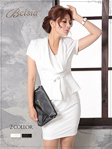 【BELSIA】美セレブスーツ!ドレープシフォンカラー半袖スーツ/キャバスーツ（S/M/L）(黒/白)*bs2035-st
