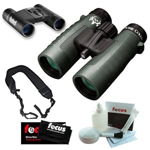 Bushnell Trophy XLT 10X42 Green Roof WP FP EFG FMC Binoculars + Powerview 8x21 Folding Roof Prism Binoculars + Wide Strap + 5 Piece Deluxe Cleaning and Care Kit + Micro Fiber Cleaning Cloth