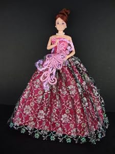 A Hot Pink Strapless Ball Gown with Black and Silver Lace and Large Sequined Applique Made to Fit the Barbie Doll