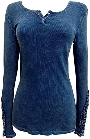 Nature Art Henley Cotton Rib Shirt for Women Mineral Wash Long Sleeve Top Vintage Blue L