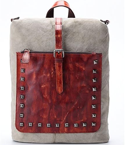 11.2 inch Multifunctional Canvas with Genuine Leather Backpack Shoulder Bag -RUFFRYDER Unisex Cross-body School Satchel for iPhone,Notebooks,Documents,Journals -Fit 11 Inch Laptop,H1007#,Reddish-Brown