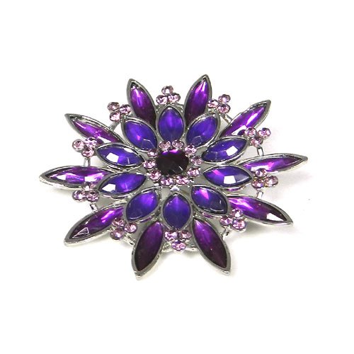 Purple & Violet Color Austrian Rhinestone Star Flower Designed Silver-Tone Brooch Pin