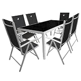 Zoom Produkt-Bild: 7tlg. Gartengarnitur Alu/Glas 180x90cm + Hochlehner Silber/Schwarz