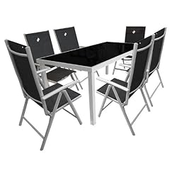 7tlg. Gartengarnitur Alu/Glas 180x90cm + Hochlehner Silber/Schwarz