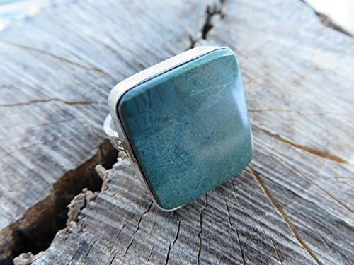 Bohemian jewelry, Statement ring Green Oregon Jasper, size 10, sterling silver, metalwork, square, gemstone, silver, silver, boho chic