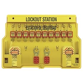 Master Lock 1483BP410ES 15-1/2" High X 22" Wide X 1-3/4" Deep, Spanish/English Lockout Station, 10 Padlock Station With Cover Ten 410Red Xenoy Padlocks