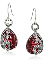 Sterling Silver Oxidized Marcasite and Garnet Colored Glass Textured Teardrop Wire Dangle Earrings