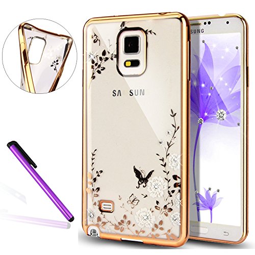 S5 Case Samsung Galaxy S5 Case ,EMAXELER Bling Swarovski Crystal Rhinestone Diamond Plating Frame Flexible TPU Case for Samsung Galaxy S5 Butterfly & White flowers[Gold]