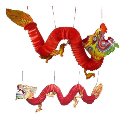 Two (2) Chinese Paper Dragon Decorations by TikiZone