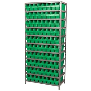 AKRO-MILS AS1879048 18-Inch D by 36-Inch W by 79-Inch H Powder Coated Steel Shelving Unit with 10 Shelves and 80 Green Shelf Bins, Grey