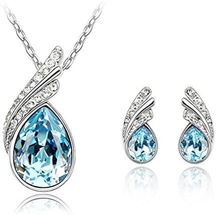 ARIDA Women White Gold Plated Aquamarine Water-drop Pendant Necklace and Stud Earring Fashion Jewellery Set, - Beautiful Gift