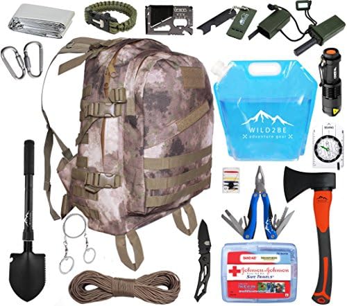 Wild2be Backpack with Ultimate Survival Camping Gear Set + Johnson &amp; Johnson 70pcs First Aid Kit (A-TACS)