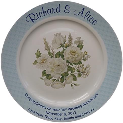 Personalized Bone China Commemorative Plate For A 30th Wedding Anniversary - White Rose Design With A Blue Rim