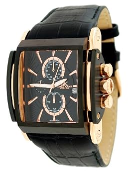 Adee Kaye #AK9294-MRG Men's Black IP Rose Gold Tone Curved Crystal Leather Band Chronograph Watch