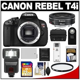 Canon EOS Rebel T4i Digital SLR Camera Body with EF 40mm f/2.8 STM Pancake Lens + 32GB Card + Flash + Battery + Case + Remote + Accessory Kit