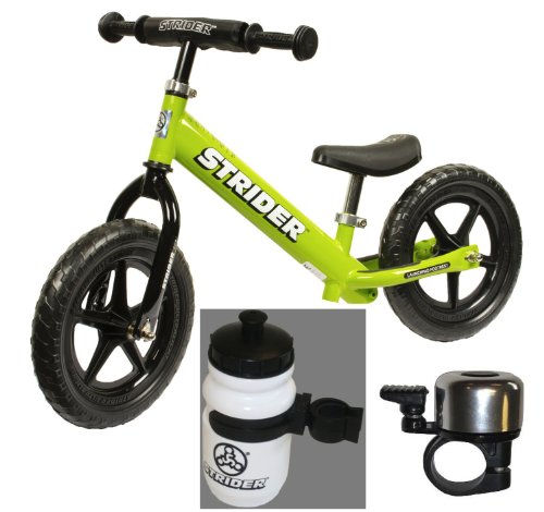 Strider ST-3 No-pedal Balance Bike +BONUS-Water Bottle and Bell (Bundle) (Green)