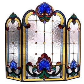 Fireplace screen stained glass steel folding Tiffany style