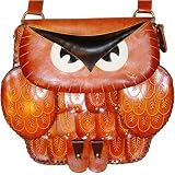 Genuine Leather Messenger Shoulder Bag, an Owl Design, Beautiful and Unique ! (Brown)