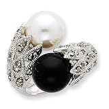 Sterling Silver CZ Black And White Cultured Pearl Ring