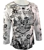 Cactus Fashions Las Vegas 3/4 Sleeve, Rhinestone Studded, Scoop Neck, 100% Cotton Printed Top - White