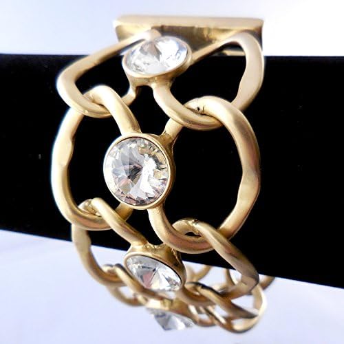 Plus Size Bracelet - Beautiful Brushed Gold Tone Links, Large Glass Crystals, Extra Wide, 8.5 Inches