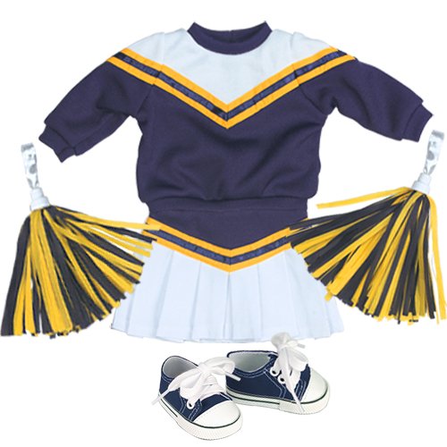 Doll Cheerleader, Navy & Gold Cheerleader Doll Outfit for American Girl Dolls, 4 Pc. 18 Inch Doll Clothing set includes Top, Skirt, 2 Pom Poms and Navy Doll Sneakers