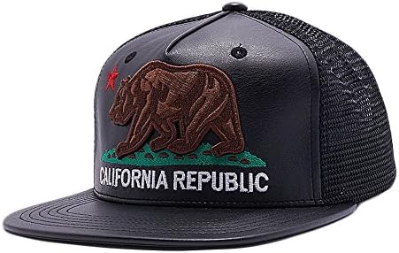 Pu Trucker California Republic Bear Flat Bill Design Snapback Hat (Black(Original))