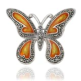 Sterling Silver Marcasite and Orange Enamel Butterfly Pin
