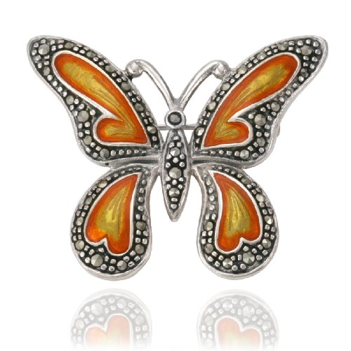 Sterling Silver Marcasite and Orange Enamel Butterfly Pin