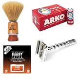SF200-Shaving Factory DE Safety Razor, Hand Made Shaving Brush, Arko Shaving Soap and 10 Derby Extra Double Edge Razor Blades. Great Gift Set For Men.