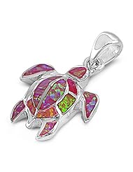 Pink Lab Opal Hawaiian Sea Turtle Pendant and Necklace in Sterling Silver