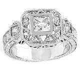 Solid Sterling Silver Cubic Zirconia Rhodium Plated Antique Style Ring with Square Center Stone