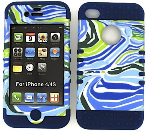 APPLE IPHONE 4 4S CASE BLUE GREEN ZEBRA HEAVY DUTY HIGH IMPACT HYBRID COVER NAVY BLUE SILICONE SKIN