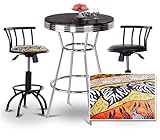 Chrome Bar Table & 2 Black Adjustable 24"-29" African Fabric Seat Barstools ....